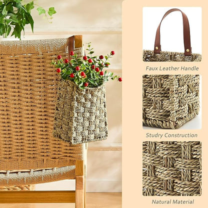 Wall Hanging Pocket Basket Portable Seagrass Storage Basket Decorative Boho Mounted Organizer Dried Flower Plants Front Door Basket for Garden Farmhouse Home