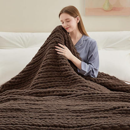 Negwoo Chunky Knit Throw Blanket, 30''*40'' Knitted Throw Chenille Yarn for Bed Couch, Handmade Dark Brown Crochet Big Thick Blanket, Machine Washable Cute Comfy Blanket for Home Decor
