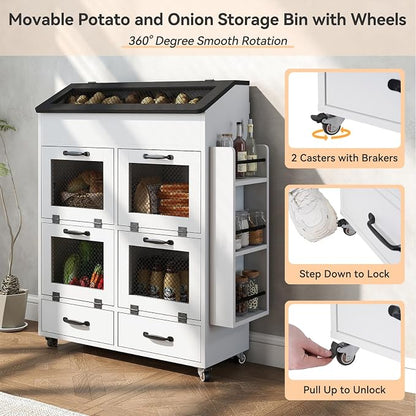 Verano Garden Large Potato and Onion Storage Bin on Wheels, Wood Bread Box w/Lid & Mesh Doors, 4-Tier Rolling Fruit and Vegetable Storage Organizer w/Grocery Section & Side Rack (White, 31.5")