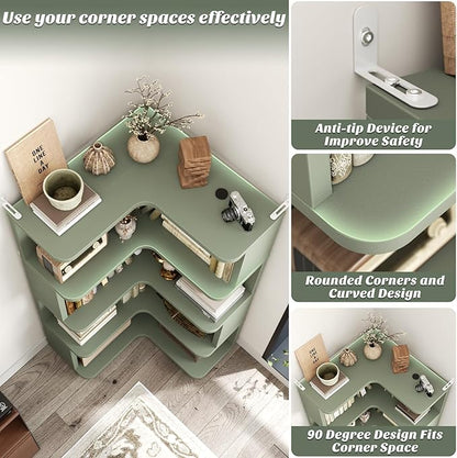 Armocity Corner Book Shelf - 5 Tier Corner Bookshelf Etagere Bookcase with Baffle, Freestanding L Shaped Display Shelf Stand for Home Office, Living Room, Bedroom, Kitchen, Crab Green