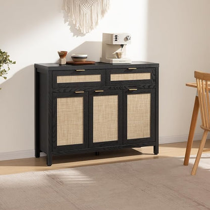 SICOTAS Rattan Sideboard Buffet Cabinet with Storage, Boho Credenza Accent Cabinet with 3 Doors and 2 Drawers, Farmhouse Console Coffee Bar for Kitchen, Living Room, and Entryway, Black Oak
