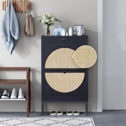 Yechen Shoe Rack Storage Organizer with 2 Natural Semi-Circular Rattan Doors, Entryway Wooden Shoe Cabinet for Sneakers, Leather Shoes, Heels, Slippers (Black)