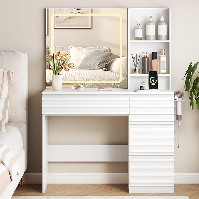 Makeup Vanity Desk with Lights, Fluted Vanity with 4 Drawers, Open Shelves, Power Outlet, LED Lighted Mirror, 3 Lighting Modes & Brightness Adjustable, Wood Dressing Table for Bedroom, White