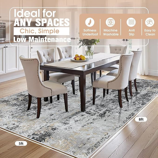 5x8 Area Rugs for Living Room Rug Washable: Abstract Rug for Dining Room Bedroom Carpet Non Slip 5 by 8 Indoor Modern Nursery Home Office Black Grey Gold