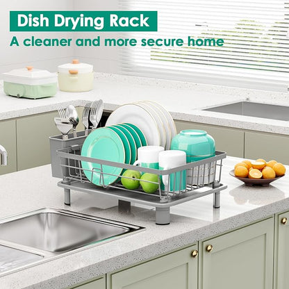 GAOKASE Dish Drying Rack, Stainless Steel-Dish Rack, Dish Racks for Kitchen Counter, Kitchen Dish Drainers with Removable Utensil Holder,New Drain Outlet,Plate Rack and Drainboard,(gray-11 W x 15" L)