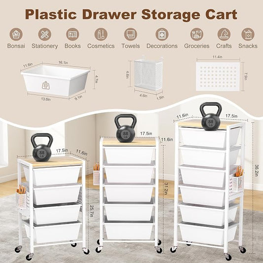Rolling Cart with Drawers, Rolling Storage Cart with 6 Large Plastic Drawers & Wooden Tabletop, Utility Cart with Pegboards & Basket, Storage Drawers Cart for Living Room, Classroom, Bedroom, Office