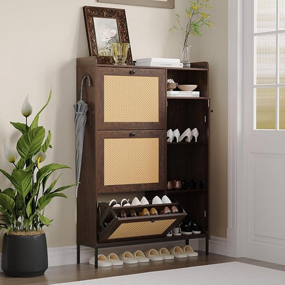 Rattan Wooden Shoe Cabinet, Freestanding 3-Flip Drawer Shoe Storage Organizer, Side Cabinet & Top Fence, Easy Assembly Shoe Rack for Entryway Hallway Living Room, Deep Cherry