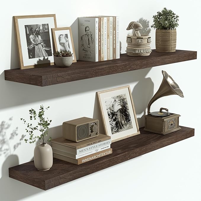 Vivelove Solid Wood Floating Shelves Set of 2, Elm Wood Wall Shelf with Invisible Bracket for Living Room Bedroom Bathroom Office, Rustic Farmhouse Decor Storage & Display, 36 inch - Dark Walnut