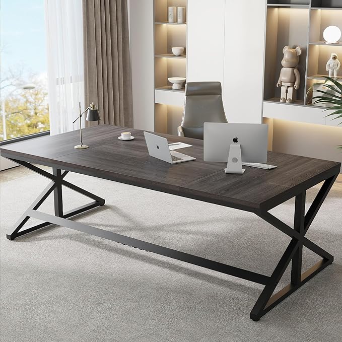 IBF Long Grey Computer Desk, Modern Large Wood Metal Office Desk, Industrial Pc Study Gaming Writing Table for 2 Person, Executive Workstation for Home Bedroom Living Room, Dark Gray, 70 Inch