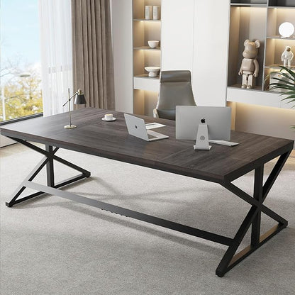 IBF Long Grey Computer Desk, Modern Large Wood Metal Office Desk, Industrial Pc Study Gaming Writing Table for 2 Person, Executive Workstation for Home Bedroom Living Room, Dark Gray, 70 Inch