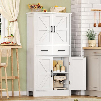 TEENFON 53" H Pantry Cabinet with 2 Drawers, Kitchen Storage Cabinet with 4 Door Shelves, Kitchen Pantry for Living Room, Dining Room, Bathroom, White