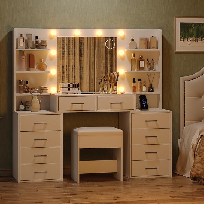 55'' W Makeup Vanity with Mirror & Lights, 10 Drawers Vanity Desk with Charging Station, 6 Open Shelves, 3 Lighting Modes Brightness Adjustable, Glass Top Vanity with Chair for Bedroom, White
