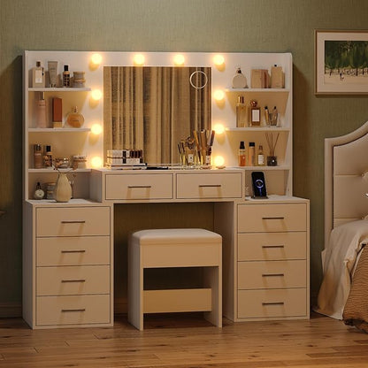 55'' W Makeup Vanity with Mirror & Lights, 10 Drawers Vanity Desk with Charging Station, 6 Open Shelves, 3 Lighting Modes Brightness Adjustable, Glass Top Vanity with Chair for Bedroom, White