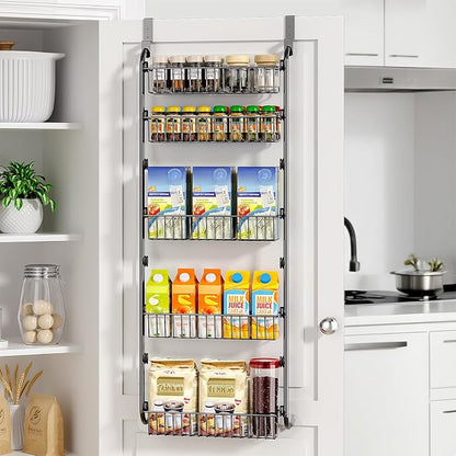 Delamu Over The Door Pantry Organizer, 5-Tier Pantry Door Organizers and Storage with Adjustable Basket, Metal Hanging Spice Rack, Seasoning Organizer, Door Organizer for Home Kitchen Bathroom, Black