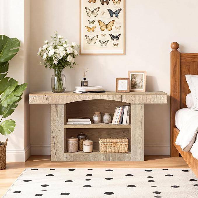 63 Inch Entryway Table Three-Shelf Cabinet, Wooden Console Table with Socket Farmhouse Sofa Table for Entrance, Hallway, Living Room,Behind Couch(Natural Brown)