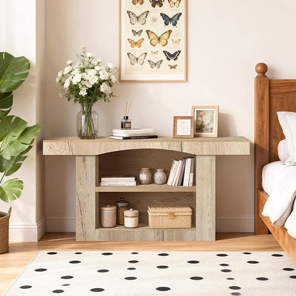 63 Inch Entryway Table Three-Shelf Cabinet, Wooden Console Table with Socket Farmhouse Sofa Table for Entrance, Hallway, Living Room,Behind Couch(Natural Brown)