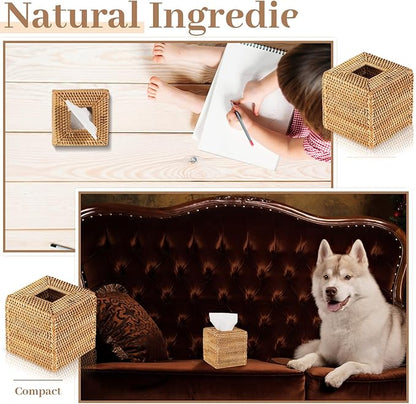 Kigley 1 Pcs Square Rattan Tissue Box Cover Boho Wicker Tissue Cube Box Cover 5.5'' x 5.5'' x 5.5'' Decorative Natural Wicker Hand Woven Napkin Box Holder Bathroom Office Car Accessories (Wood)