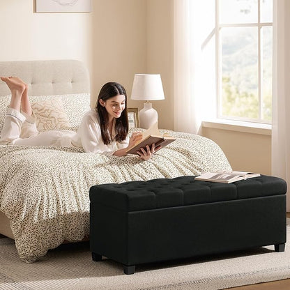 47.2" Ottoman with Storage, Storage Ottoman Bench with Safety Hinge,Tufted End of Bed Bench, Upholstered Entryway Bench for Bedroom, Living Room & Window (Blacklinen-Upgraded Version)