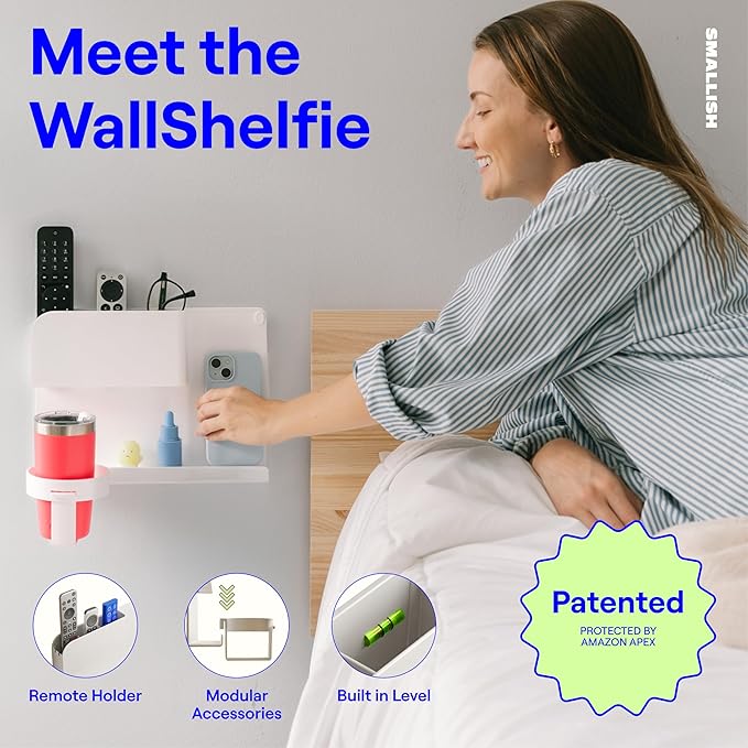 WallShelfie Bedside Wall Organizer & Dorm Decor - Dorm Room Essential, Floating Bedside Shelf Wall Mount Organizer, Remote Control Holder, Cool Teen Girls Trendy Stuff, Room Organization (White)