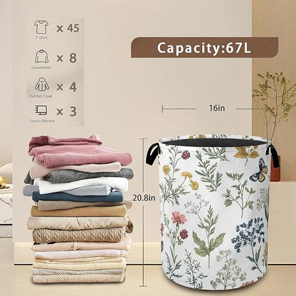 Beautiful Floral Laundry Hamper,Collapsible Laundry Baskets,Flowers Butterfly Dirty Clothes Baskets with Handles,Oxford Cloth Hamper for Bedroom,Bathroom,College Dorms,16"x20"