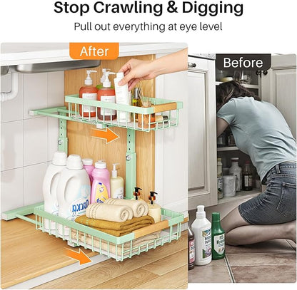 PXRACK Under Sink Organizer, Adjustable Height, 2 Tier Pull Out Under Cabinet Organizer, Slide Out Thickened Metal Under Sink Storage for Kitchen Bathroom Laundry Pantry Cabinet, Green, Large-2-Pack