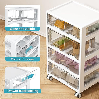 Vtopmart Plastic Drawer Storage Orangizer, 4 Tier 6 Drawers with Wheels for Office Supplies, Art Crafts, Under Desk Storage for Office, Bathroom, Dresser, 1 Pack/Clear