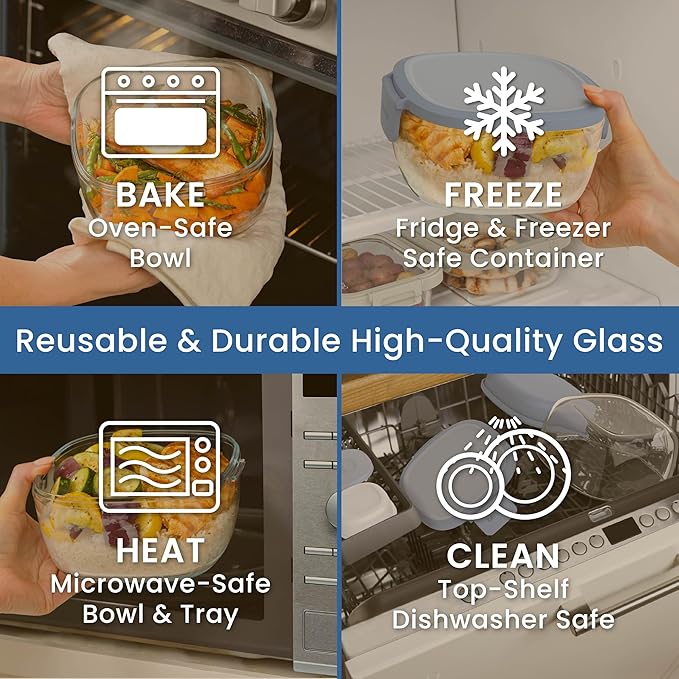 Bentgo Glass Salad Container - 7.6-Cup Salad Bowl with Airtight Lid, Leak-Proof Sauce Container, 4-Compartment Bento Tray & Reusable Fork - BPA-Free for Meal Prep, Office & More (Light Blue)