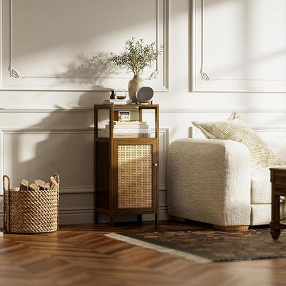 HITNET Rattan Bathroom Floor Cabinet, Bamboo Storage Cupboard with Single Door, Freestanding Small Living Room Sideboard, Space Saving Entryway Storage Unit, Walnut