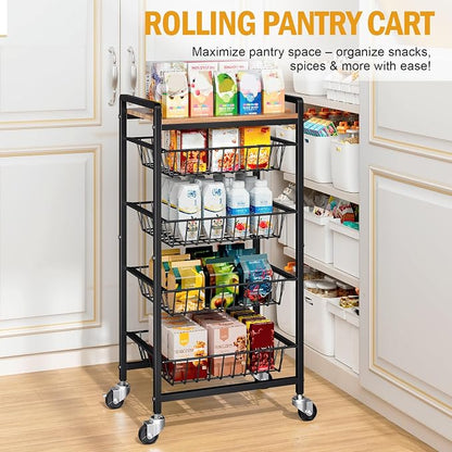 TOOLF 5-Tier Kitchen Storage Cart with Tabletop, Rolling Snack Cart with Lockable Wheels, Fruit Vegetable Basket with 4 Pack Mats, Metal Storage Rack with Pull-Out Pantry Trolley for Organizer