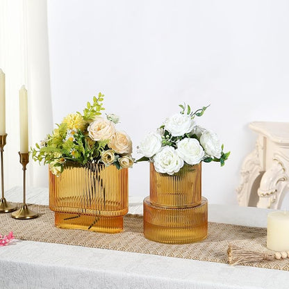 Amber Glass Vases, Set of 2 Ribbed Vases for Flowers, Amber Vase for Tulips, Modern Glass Vase for Living Room, Dining Table, Office, Entryway, Mantle, Bookshelf, Wedding Gifts