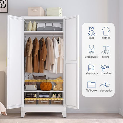 Metal Wardrobe Cabinet with Mirror and Hanging Rod, 71" Metal Clothing Storage Cabinets with 2 Doors and Adjustable Shelves, White Armoire Wardrobe Closet for Bedroom, Laundry Room, Cloak Room