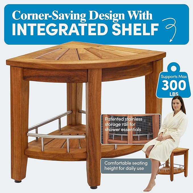 AquaTeak Patented 15.5" Kai Stainless Corner Teak Shower Bench - Shower Stool with Storage Shelf for Bathroom - Water Resistant Shower Chair with Teak Oil & Cleaner CareKit - Shaving Foot Rest