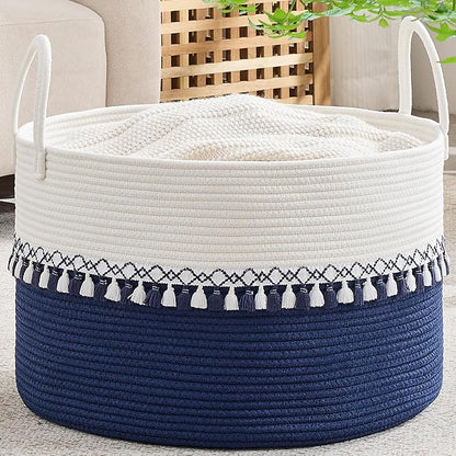 KAKAMAY Cotton Rope Storage Basket (20"x13"),Woven Hamper for Blankets,Toys,Pillows,Clothes,Laundry,Sturdy Handles Decorative Basket for Living Room, Bedroom,Nursery(Blue/Blue Fringe)