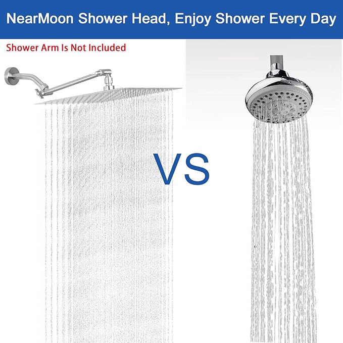 NearMoon Rain Shower Head, High Flow Stainless Steel Square Rainfall Shower, High Pressure Design, Awesome Shower Experience Even At Low Water Flow (10 Inch, Brushed Nickel)