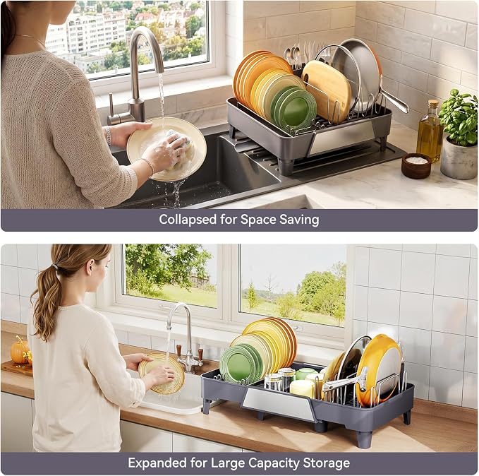Urackify Large Dish Drying Rack - Expandable Dish Rack for Kitchen Counter, Multifunctional Dish Drainer with Drainboard & Utensil Holder, Anti-Rust, Fits Any Sink, Extendable 16.3" to 23.6" L, Gray