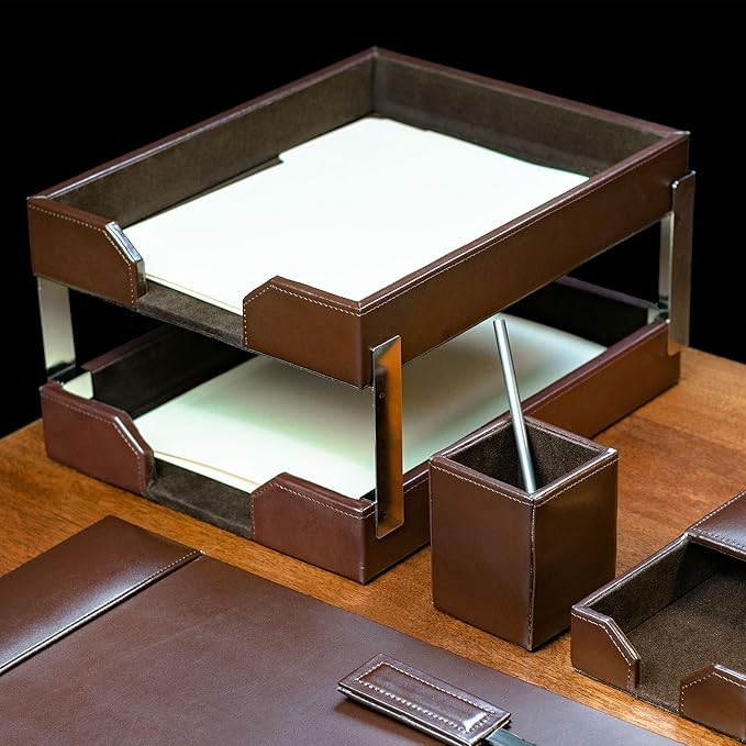 Dacasso Dark Brown Bonded Leather Luxury 9-Piece Desk Set - Blotter Pad & Desk Organization Essentials - Executive Decor and Surface Protector