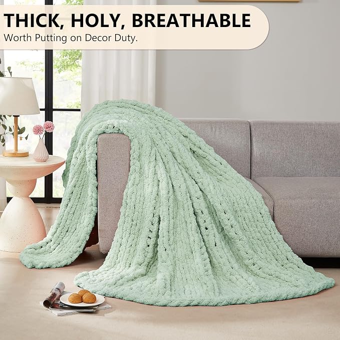 L'AGRATY Chunky Knit Blanket Throw: 50''x60'' Chenille Chunky Knitted Throw Blankets for Bed Couch - Handmade Thick Big Cable Knit Blanket - Large Crochet Rope Blankets for Home Decor(Milky Green)
