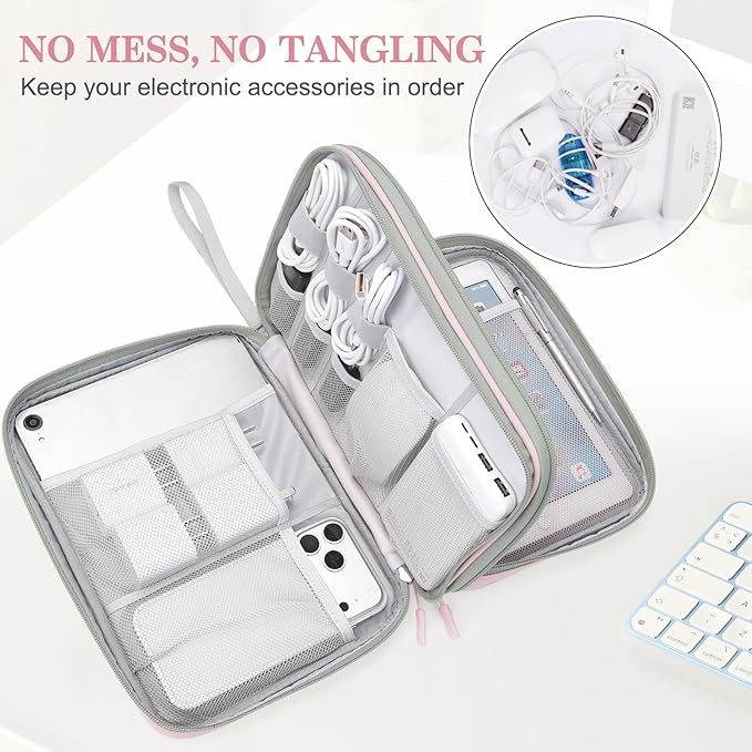 FYY Electronic Organizer, Extra Large Travel Cable Organizer Bag Pouch Portable Waterproof Double Layers All-in-One Storage Bag for iPad, Cable, Power Bank, Laptop Charger for Office/Home, Light Pink
