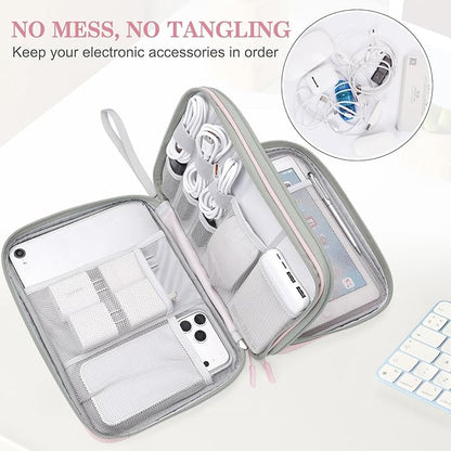 FYY Electronic Organizer, Extra Large Travel Cable Organizer Bag Pouch Portable Waterproof Double Layers All-in-One Storage Bag for iPad, Cable, Power Bank, Laptop Charger for Office/Home, Light Pink