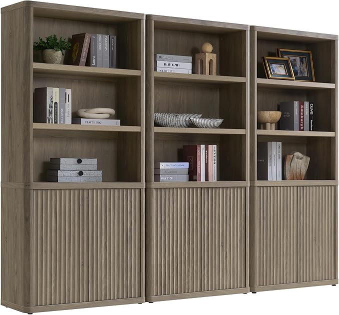 SICOTAS Book Shelf with Doors 71" Tall 6 Tier Bookshelf with Adjustable Shelves Fluted Booshelves & Bookcases Modern Book Case with Large Storage Display Cabinet for Living Room Home Office Bedroom