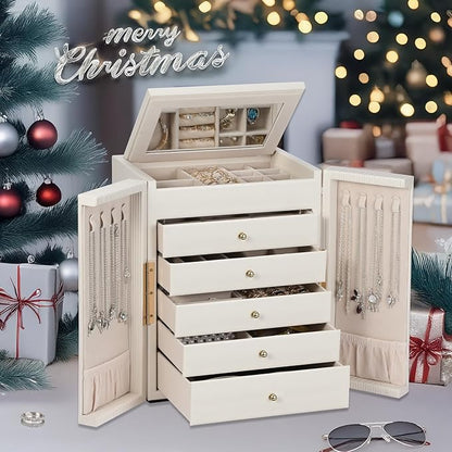 Dajasan Large Jewelry Organizer Box, Jewelry Boxes for Women Girls, 6-Tier Jewelry Storage Organizer with Mirror for Necklace Ring Bracelet Watch, Gift Idea (Beige)
