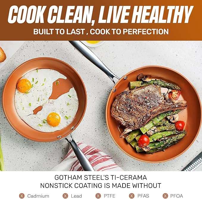 Gotham Steel Non Stick Frying Pan, 12.5” Ceramic Frying Pan Nonstick, Long Lasting Nonstick Cooking Pan, Egg Pan, Stay Cool Handle, Ultra-Durable, Stovetop Dishwasher & Oven Safe, 100% Toxin Free