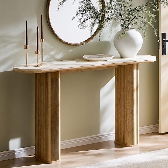 OKD 63 Inch Modern Console Table with Arc Faux Marble Texture Top, Fluted Wood Base, Contemporary Entryway Sofa Table for Living Room, Hallway, Foyer, Natural Oak