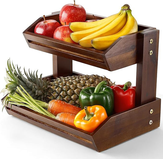 HOLANA Acacia 2 Tier Fruit Basket for Kitchen Counter Organizer – Wooden Fruit Bowl & Wooden Basket for Kitchen Counter Storage, Vegetable Produce Storage & Snack Organizer for Countertop (Walnut)