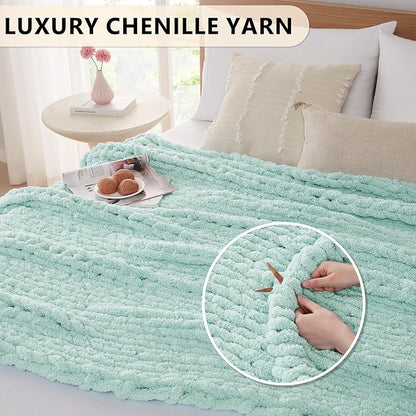 L'AGRATY Chunky Knit Blanket Throw: 50''x60'' Chenille Chunky Knitted Throw Blankets for Bed Couch - Handmade Thick Big Cable Knit Blanket - Large Crochet Rope Blankets for Home Decor(Mint Green)