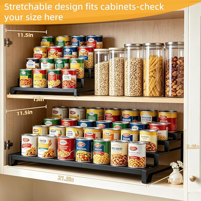Attelite 4 Tier Expandable Can Rack Organizer for Pantry, Adjustable 13"-21" Metal Soda Can Organizer, Pantry Organization Canned Food Storage Holder for Kitchen Cabinet Countertop, Black 2Pack