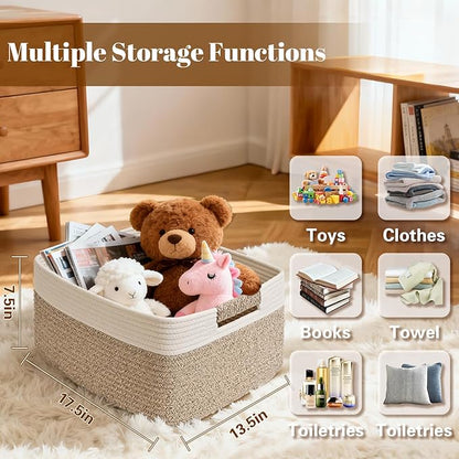 3 Pack Large Storage Basket for Organizing, 17.5"x13.5"x7.5" Woven Basket for Shelves, Closet Cube Storage Bins with Wrapped Handle, Cotton Rope Baskets for Kitchen, Clothes, Toys(Off White & Brown)