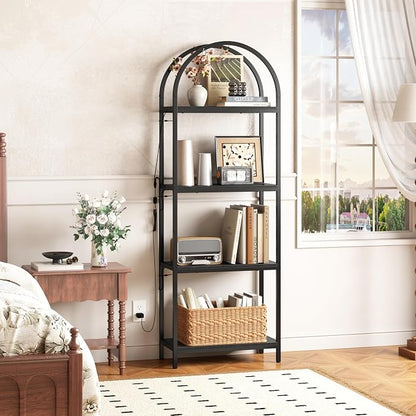 Yusong LED Bookshelf 4 Tier Arched Bookcase, 71.3" Tall Industrial Open Book Shelves for Living Room, Modern Freestanding Display Storage Rack with Metal Frame, Office, Bedroom, Black
