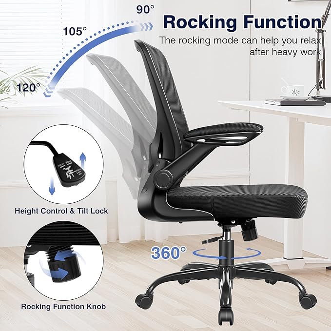 Ergonomic Office Chair, Mesh Computer Chairs with Lumbar Support, Swivel Desk Chair with Flip-up Arms and Adjustable Height, Black Pack of 2
