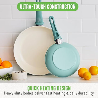 GreenLife Non Stick Fry Pan Set 7" & 10", Non-Toxic PFAS-Free Ceramic Skillet, Dishwasher & Oven Safe, Egg Omelet Frying Pan, Stay- Cool Handles, Kitchen Home Cooking Essentials, Turquoise (Pack of 2)
